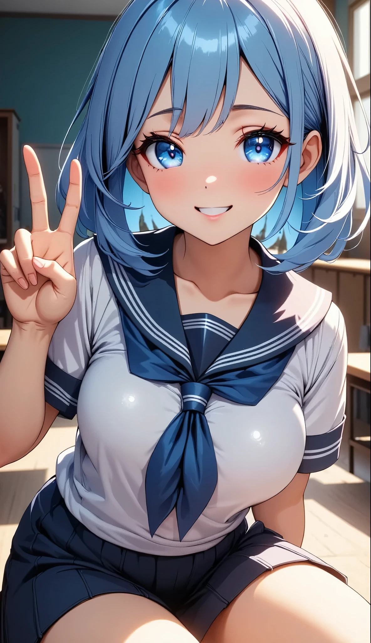 (Highest quality, 4K, High Contrast, masterpiece:1.2, Anime Style, Studio Anime,  Illustration:1.2, ray:1.2), ((One girl, Looking at the viewers with a cute pose)), Beautifully detailed eyes, Beautifully detailed lips, Highly detailed eyes and face, Long eyelashes, smile, Bright blue hair, Light blue eyes, Short Hair:1.4, Bangs between the eyes, Eye Makeup, Moist lips, Cowboy Shot:1.4, ((V shape with both hands,  V above the eyes)), Charming, ((Sailor suit, Pleated skirt, ((School classroom:1.4)))).