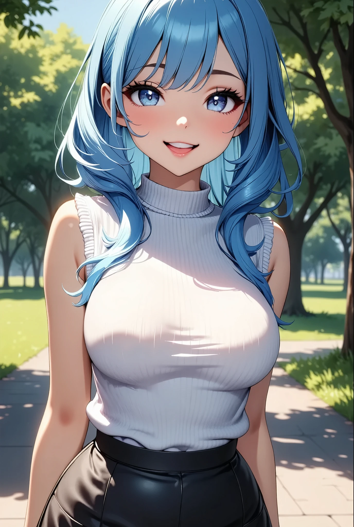 (Highest quality, 4K, High Contrast, masterpiece:1.2, Anime Style, Studio Anime,  Illustration:1.2, ray:1.2), ((One girl, Looking at the viewers with a cute pose)), Beautifully detailed eyes, Beautifully detailed lips, Highly detailed eyes and face, Long eyelashes, smile, Bright blue hair, Light blue eyes, Short Hair:1.4, Bangs between the eyes, Eye Makeup, Moist lips, Cowboy Shot:1.4, Charming, ((White knit, Black long skirt, ((Green park environment:1.4)))).