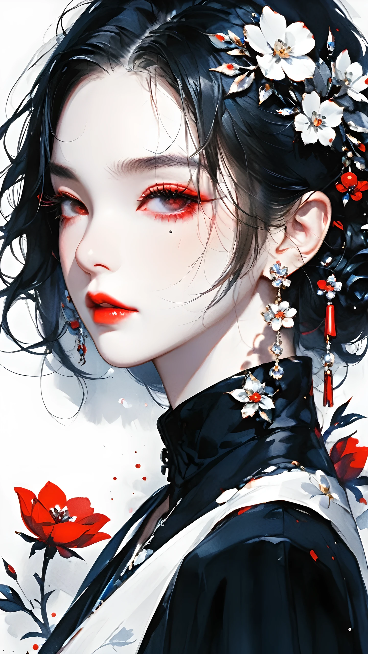 shuimo,1girl,flower,solo,jewelry,hair ornament,earrings,black hair,hair flower,red lips,looking at viewer,upper body,from side,white flower,black eyes,parted lips