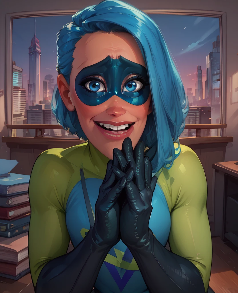 score_9,score_8_up,score_7_up,score_6_up,
Voydxl,blue hair,blue eyes,lips,own hands together,nervous smile,
domino mask,bodysuit,gloves,looking at viewer,upper teeth only,
leaning forward,
office,cityscape,indoors,
