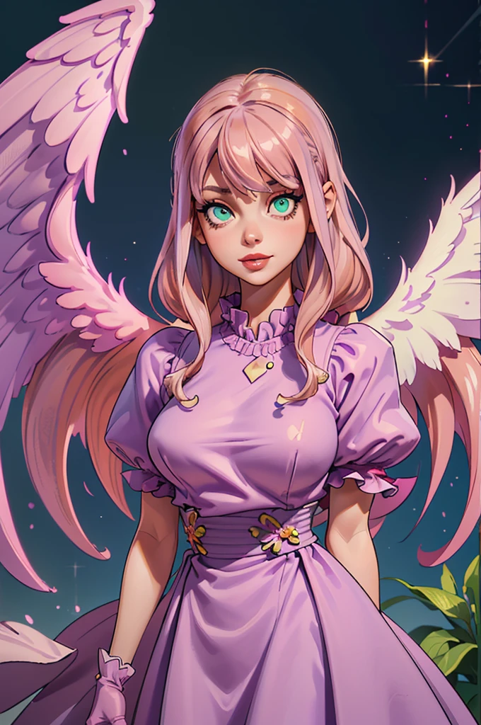 (Better quality, Masterpiece), looking down, wind, Particle, Upper body, 1 girl, ((angel wings)), ((pink skin)), red lips, medium hair, (((loose hair))), (((very lilac hair))), ((lilac hair)), ((green eyes)), big breast, (((very lilac clothes))), (lilac gloves), ((lilac bouffant dress)), long dress, ((insane eyes)), fringe hair, (smiling), hair bangs