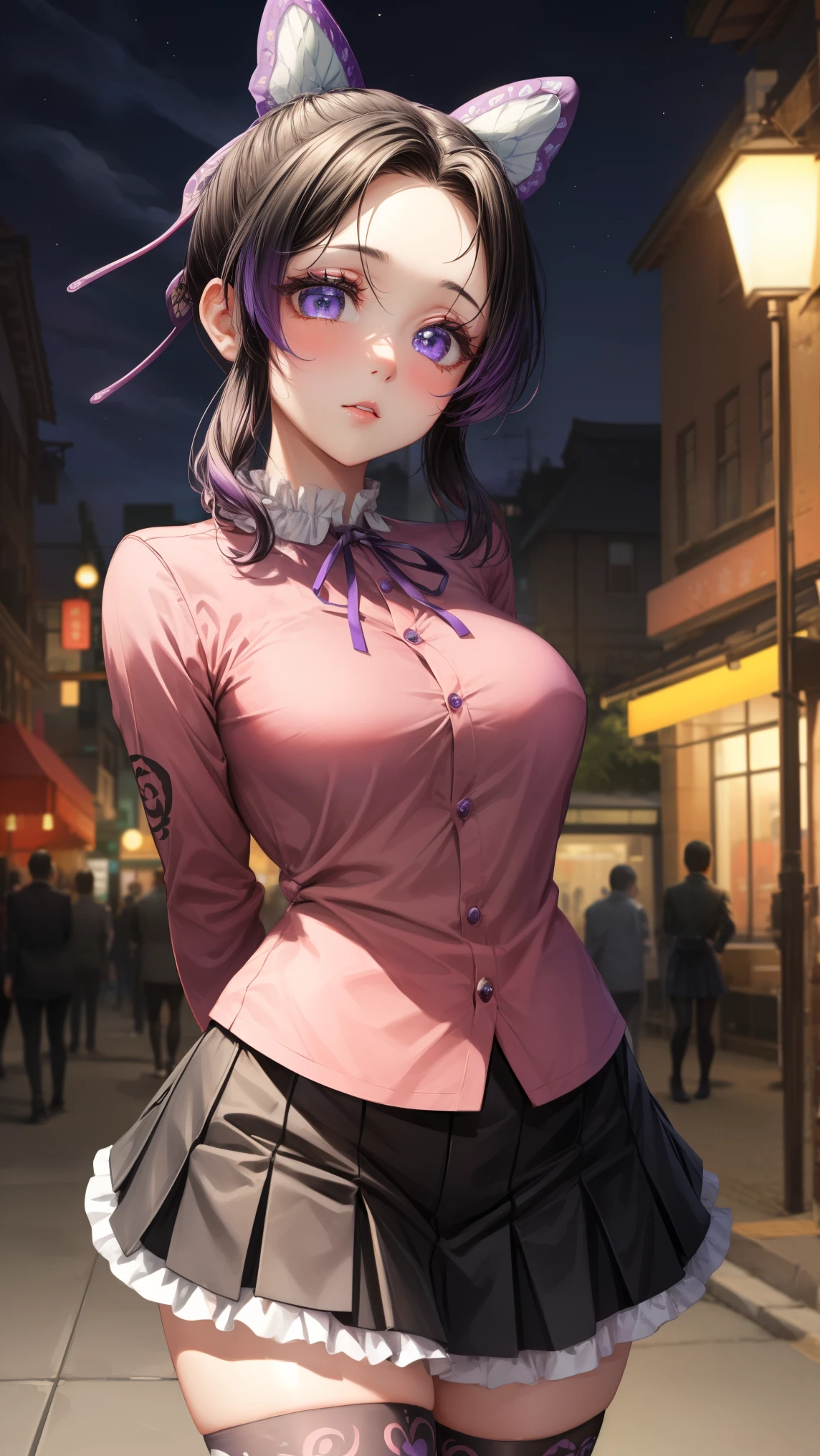 1 girl, Shinobu kocho demon slayer, shinning purple eyes, purple hair, Graceful, beautiful face, detailed face, 
BREAK (jirai kei, frills, neck ribbon, pink shirt, long sleeves, zipper, black skirt, black thighhighs:1.2),
BREAK standing ,(((cute pose)), cute blush, (city), wind, blush, ((milf)), night, busy street,((arms behind back:1.5)),
BREAK (art: 1.2), best quality, high resolution, 8k unitary, (illustration: 0.8), (beautiful detailed eyes: 1.6), extremely detailed face, perfect lighting, extremely detailed in CG, (perfect hands, perfect anatomy),