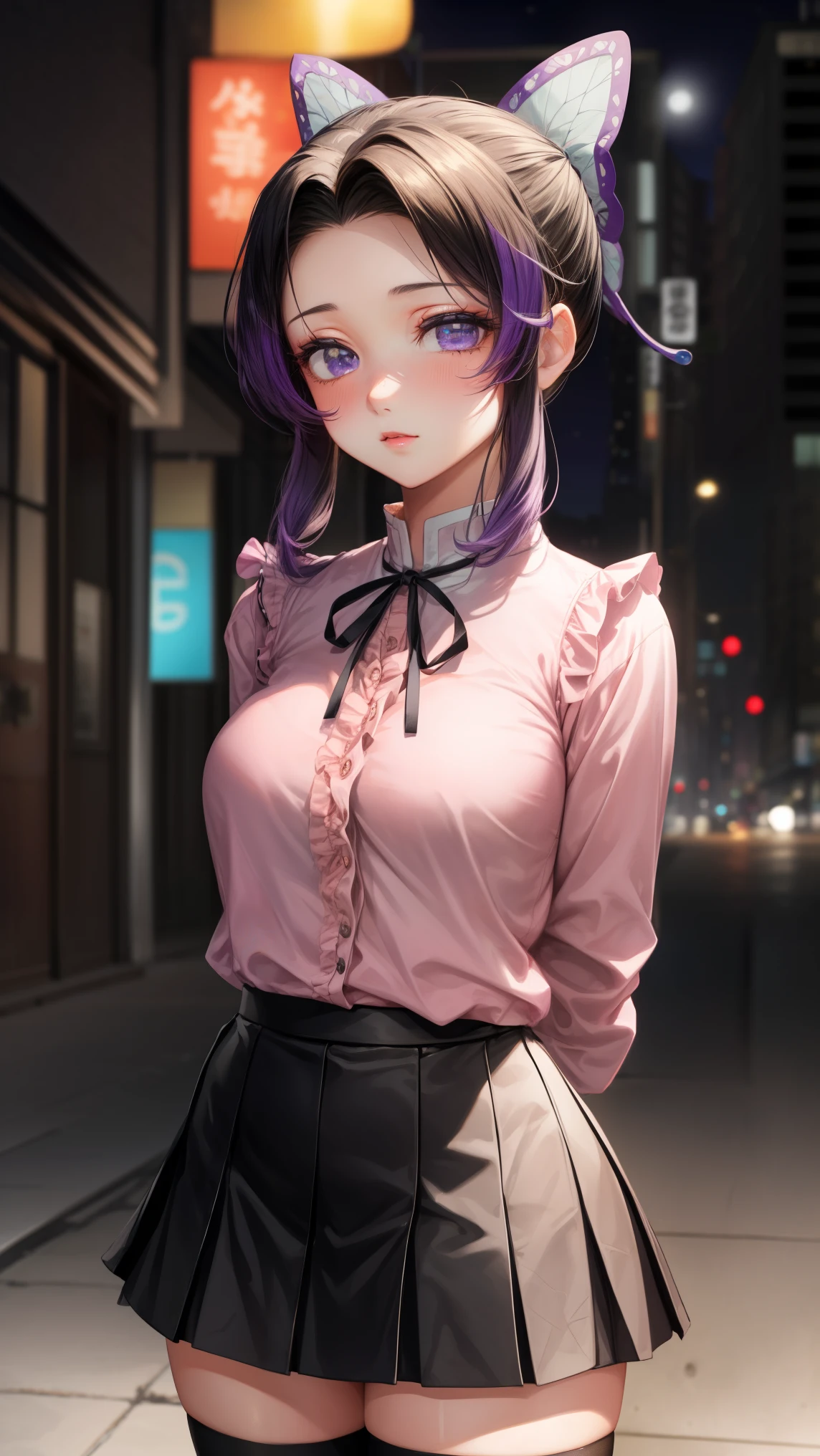 1 girl, Shinobu kocho demon slayer, shinning purple eyes, purple hair, Graceful, beautiful face, detailed face, 
BREAK (jirai kei, frills, neck ribbon, pink shirt, long sleeves, zipper, black skirt, black thighhighs:1.2),
BREAK standing ,(((cute pose)), cute blush, (city), wind, blush, ((milf)), night, busy street,((arms behind back:1.5)),
BREAK (art: 1.2), best quality, high resolution, 8k unitary, (illustration: 0.8), (beautiful detailed eyes: 1.6), extremely detailed face, perfect lighting, extremely detailed in CG, (perfect hands, perfect anatomy),