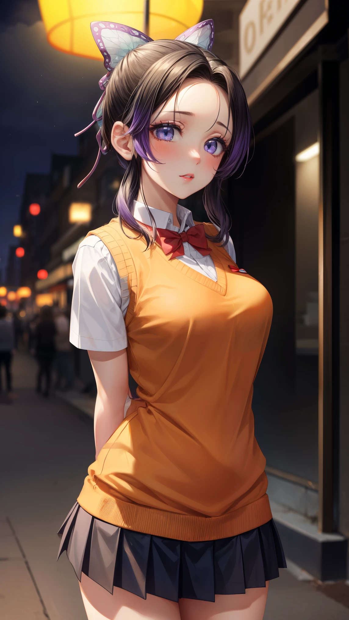 1 girl, Shinobu kocho demon slayer, shinning purple eyes, purple hair, Graceful, beautiful face, detailed face, 
BREAK (orange sweater vest, short sleeves, red bowtie, blue miniskirt:1.2),
BREAK standing ,(((cute pose)), cute blush, (city), wind, blush, ((milf)), night, busy street,((arms behind back:1.5)),
BREAK (art: 1.2), best quality, high resolution, 8k unitary, (illustration: 0.8), (beautiful detailed eyes: 1.6), extremely detailed face, perfect lighting, extremely detailed in CG, (perfect hands, perfect anatomy),