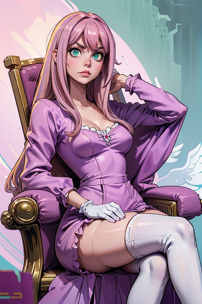 (mejor calidad, Obra maestra), mirando abajo, viento, Partícula, parte superior del cuerpo, 1 girl, ((angel wings)), ((pink skin)), red lips, medium hair, (((loose hair))), (((very lilac hair))), ((lilac hair)), ((green eyes)), big breast, (((very lilac clothes))), (white gloves), ((lilac bouffant dress)), ((white legwears)), frowning, ((insane face angry)), fringe hair, (smiling), hair bangs, ((sitting in a throne)), Crossed legs, white panties