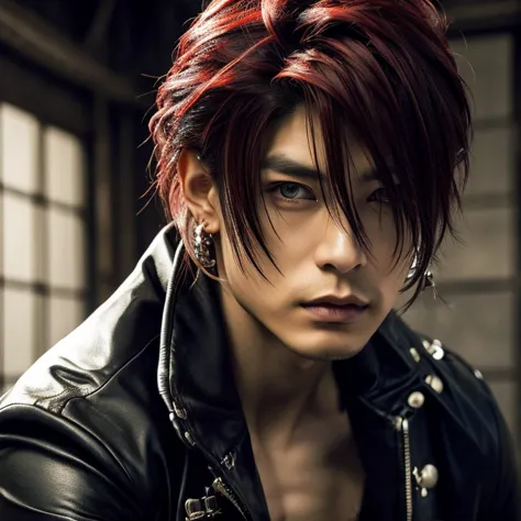 1 man, male, Japanese man, Visual Kai hairstyle, ultra detailed face and body, hyperrealistic, realistic representation, muscular, broad shoulders, tattoos gothic style, piercings, Visual Kei style, hairstyle Visual Kei, blond, long hair, 40 years old, outfit gothic streampunk, men's shirt and black pants, Asian eyes, Visual Kei hairstyle 