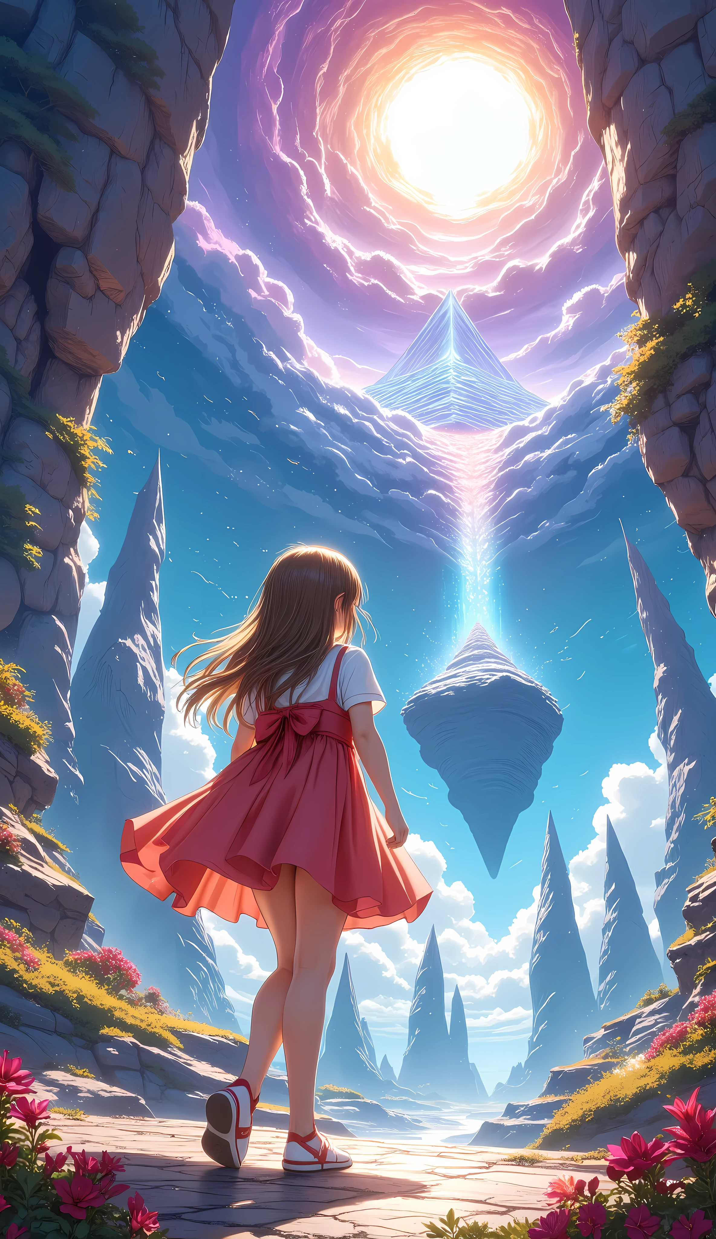 Unreal and unusual landscapes, Colorful and dreamy, A girl standing in a floating crystal field, Detailed face and eyes, Mysterious atmosphere, Vibrant colors, Dramatic Lighting, Intricate details, Cinematic composition, Award-winning digital art, Ultra-detailed, Realistic, masterpiece