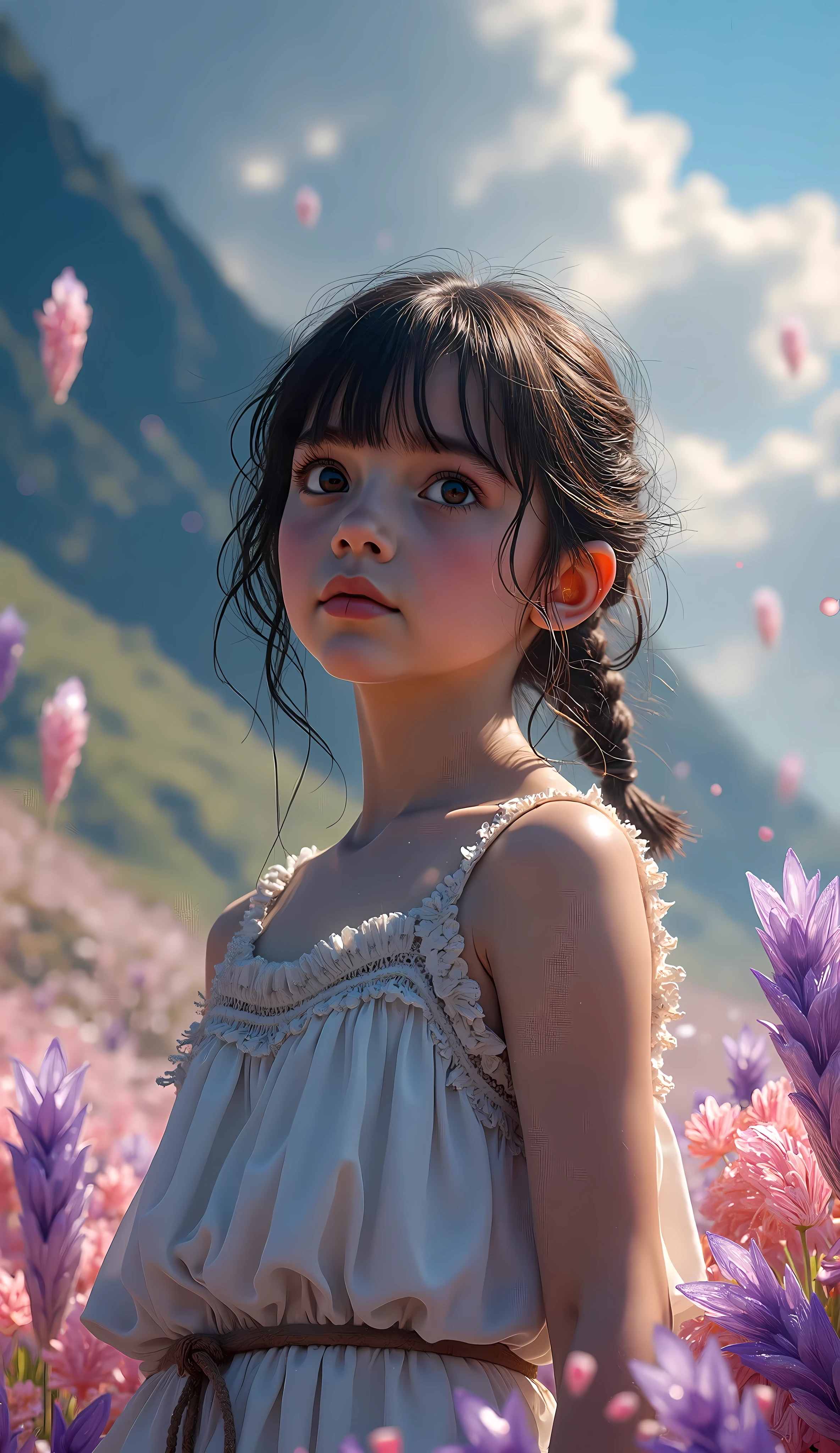 1 girl standing in a surreal, dreamlike field of floating crystal, detailed face and eyes, ethereal atmosphere, vibrant colors, dramatic lighting, complex details, cinematic composition, award-winning digital art, hyperdetailed, photorealistic, masterpiece