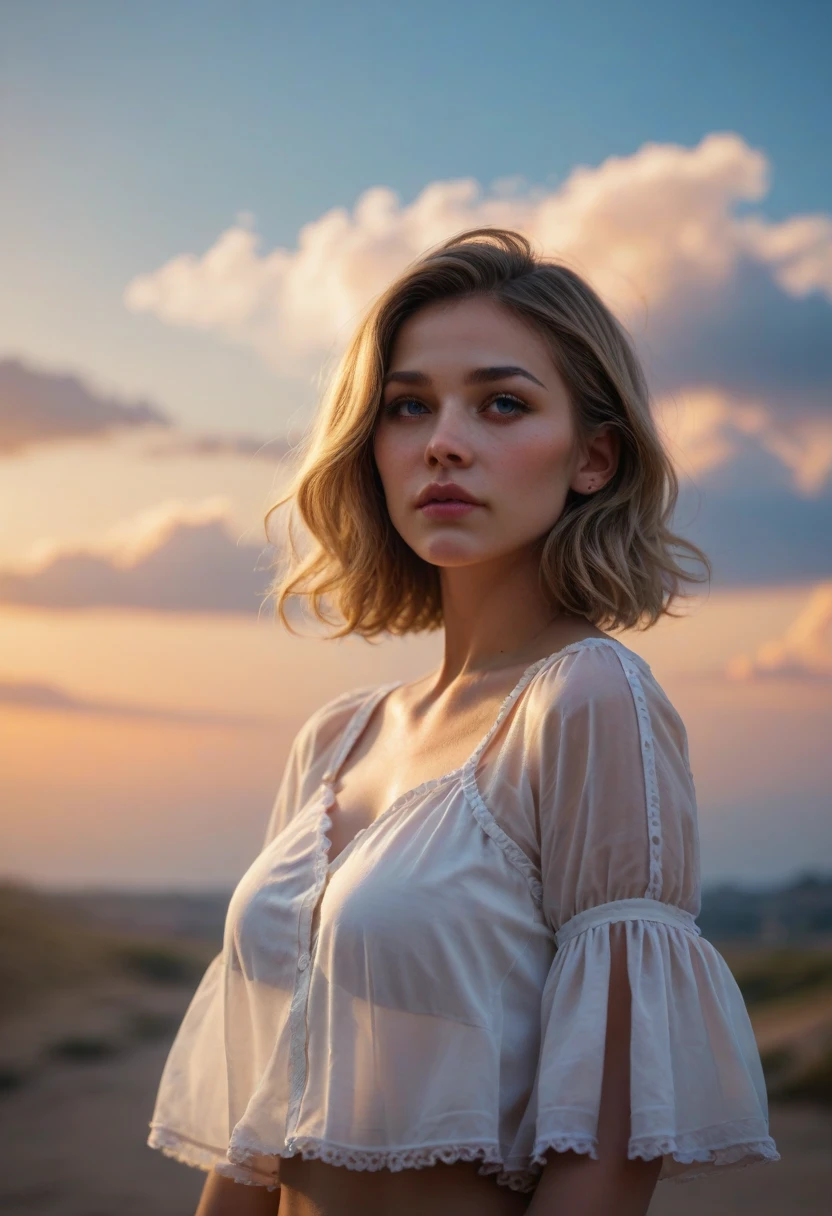 score_9, score_8_up, score_7_up, rating_safe, a woman standing still, her hair blowing in the breeze, a short-sleeved blouse, summer sky, clouds, a pale, soft touch, blurred contours, RAW photo, 