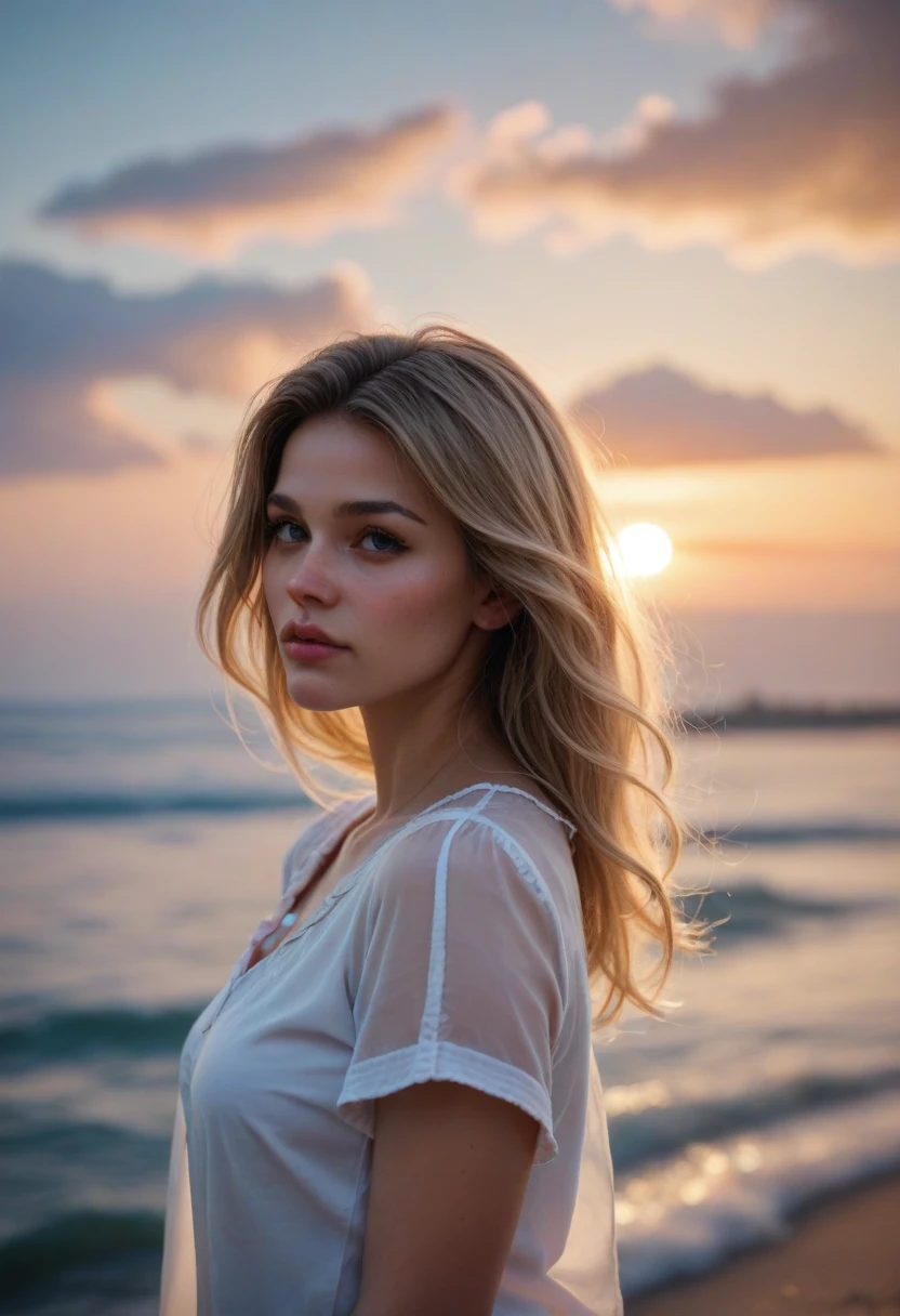 score_9, score_8_up, score_7_up, rating_safe, a woman standing still, her hair blowing in the breeze, a short-sleeved blouse, summer sky, clouds, a pale, soft touch, blurred contours, RAW photo, 