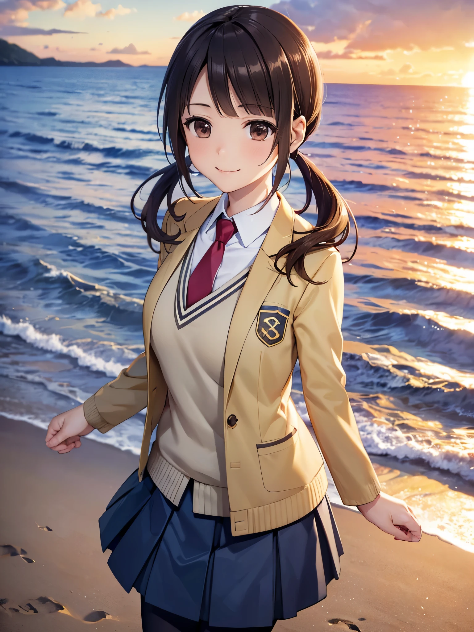 (16k,Ultra-high resolution,Best Quality,masterpiece,Very detailed,Extremely clear CG),okitasawa, low twintails,Anatomically correct body,Very detailed顔の特徴, Beautiful and perfect face,brown jacket, red necktie, yellow sweater vest, blue skirt, pantyhose,Evening coast,Standing on the beach,Realistic sea、sunset,Perfect Eyes,Place your arms behind your back.:1.3,Top view,Looking at the camera,Smiling at the audience