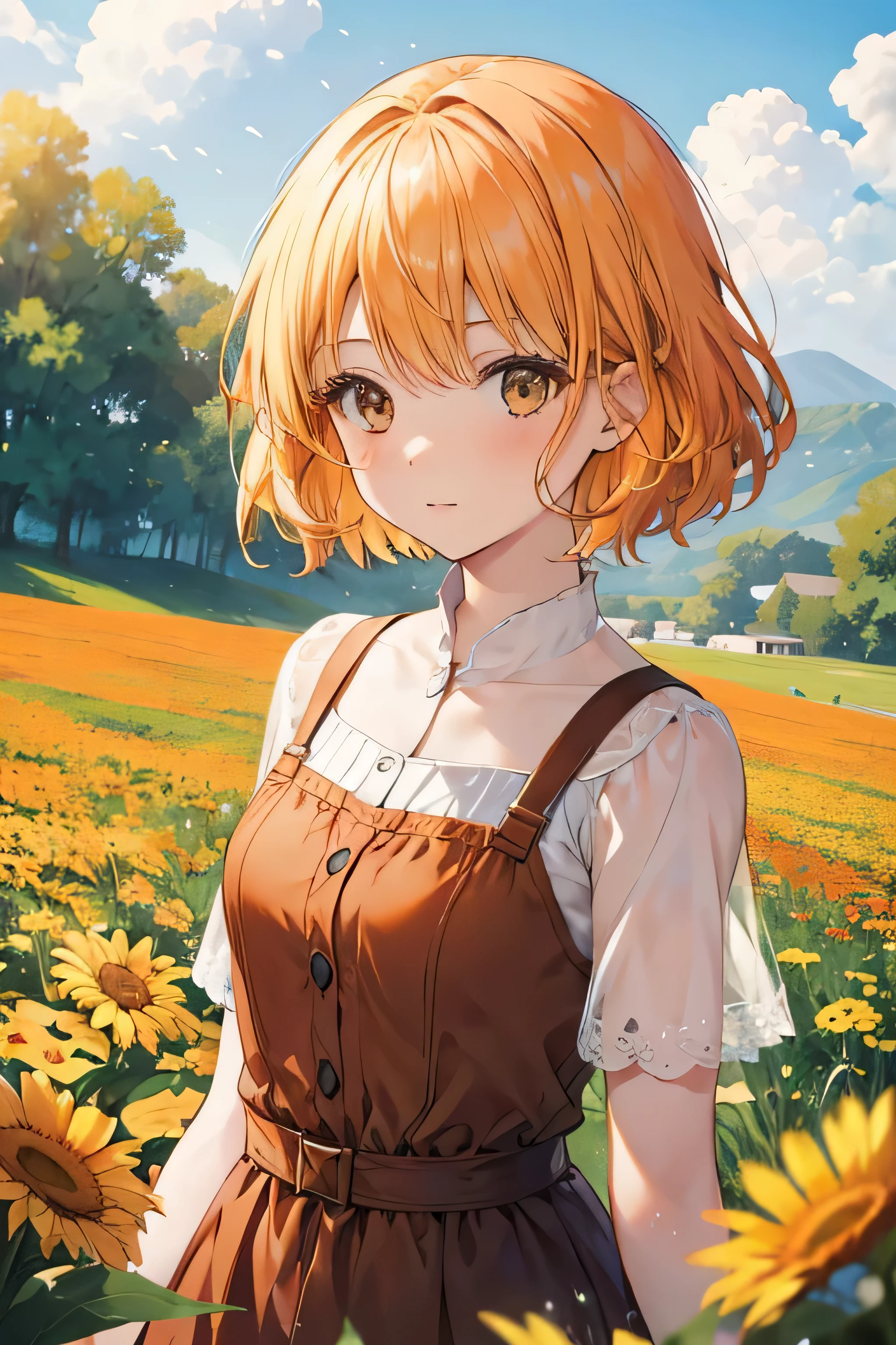 Girl, short blond orange-blond hair, brown eyes, summer dress, field of flowers