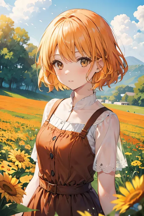 girl, short blond orange-blond hair, brown eyes, summer dress, field of flowers