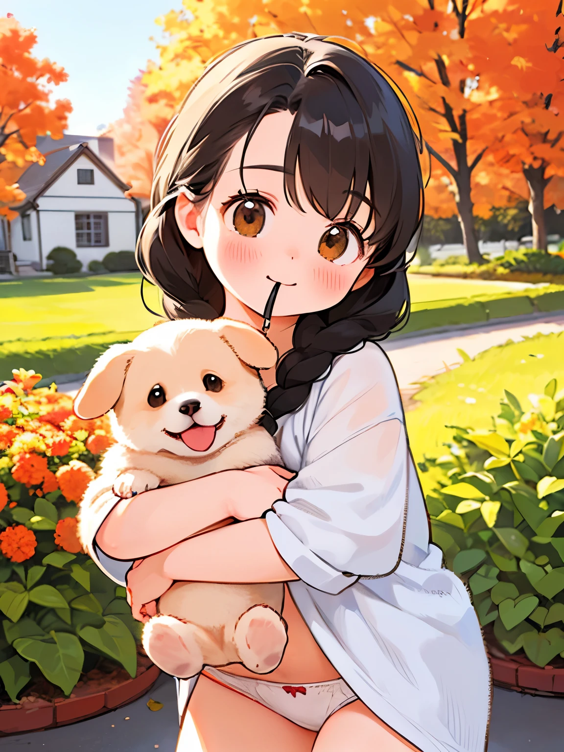 (Best Quality,4K,8k,High resolution,masterpiece:1.2), Very detailed, (Deformed, Realistic, Realistic:1.3)，One ，Cute ，Very short stature，Laugh happily，Brown eyes，Fluffy，Black hair braids，White Dress，The dog is much bigger than the girl......，This dog is a golden retriever....，犬はFluffy，Dog hugging a girl，Golden retriever holding white panties in his mouth:1.7，Autumn background countryside house garden:1.2，