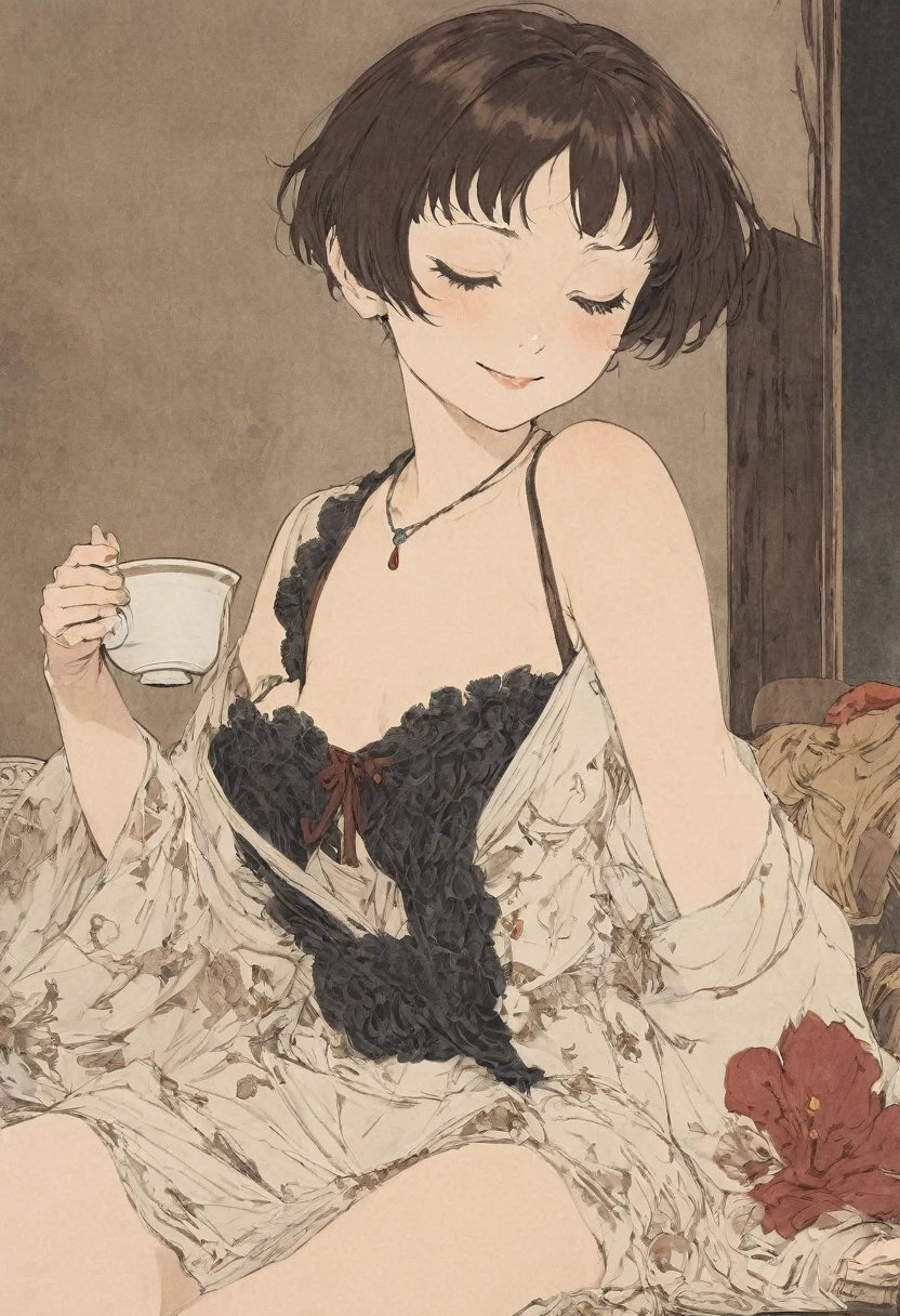 1 petit girl, drooping eyes, close eyes, smile, lethargy, black-green short low twintails hair, short bangs, very cute, happy, elegant pose, drink sake, palace, luxury, majesty, old pottery on table, hold old-pottery sake-cup, necklace, european, negligee, from below, Egon Schiele: Expressionism style, George Barbier: Art-Déco style, Peter Paul Rubens: Baroque style,