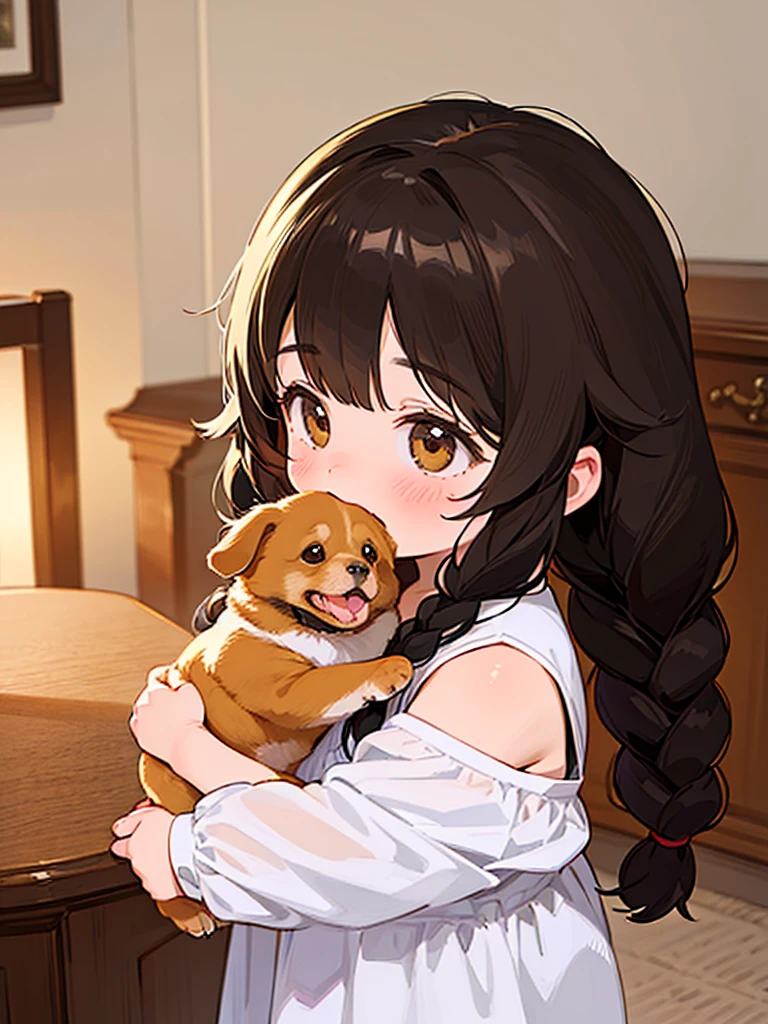 (Best Quality,4K,8k,High resolution,masterpiece:1.2), Very detailed, (Deformed, Realistic, Realistic:1.3)，One ，Cute ，Very short stature:1.2，Laugh happily，Brown eyes，Fluffy，Black hair braids，White Dress，The dog is much bigger than the girl......，This dog is a golden retriever....，犬はFluffy，Dog hugging a girl，A golden retriever holds a girl&#39;s white panties in its mouth:1.3，Autumn background countryside house garden:1.2，