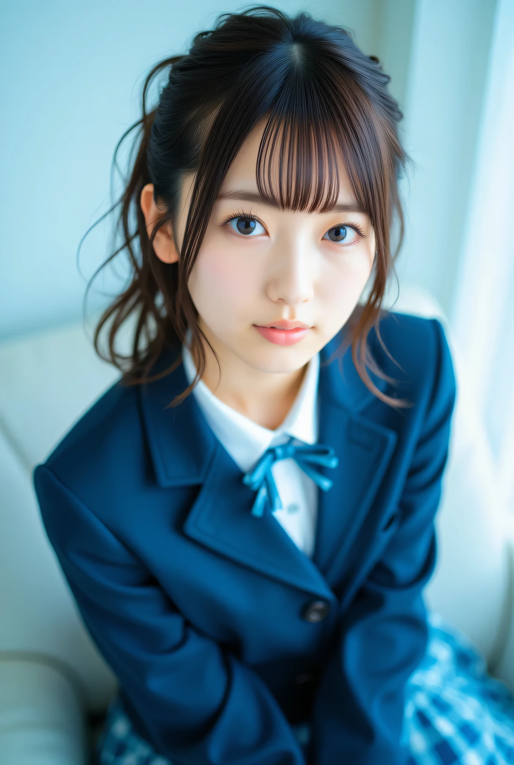 raw photo of Cute idol high school girl,cute 1 gravure idol, j-pop idol style,school uniform, navy blue blazer, pleated miniskirt,