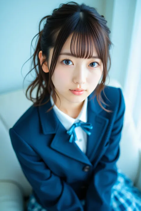 raw photo of cute idol high school girl,cute 1 gravure idol, j-pop idol style,school uniform, navy blue blazer, pleated miniskir...