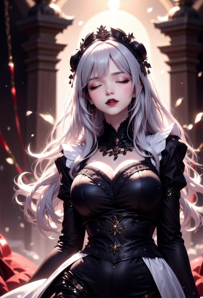 Young beautiful woman,(Best Quality,Extremely detailed depiction,Incredibly absurd high definition,Anatomically accurate,Detailed pupil,Beautiful legs,Porcelain-like skin,High quality anime drawings:2.0),(Black and white gothic maid outfit:2.5,Maid Skirt,corset,Black tights),eyelash,(Silver Hair,Red Eyes,Eyes half closed:2.0,Unfriendly expression:2.0,Large Breasts,Black lips:2.3,Heavy makeup,Mouth open:2.0),(whole body),background:Castle,Bright atmosphere,Pose to welcome guests,Dramatic lighting