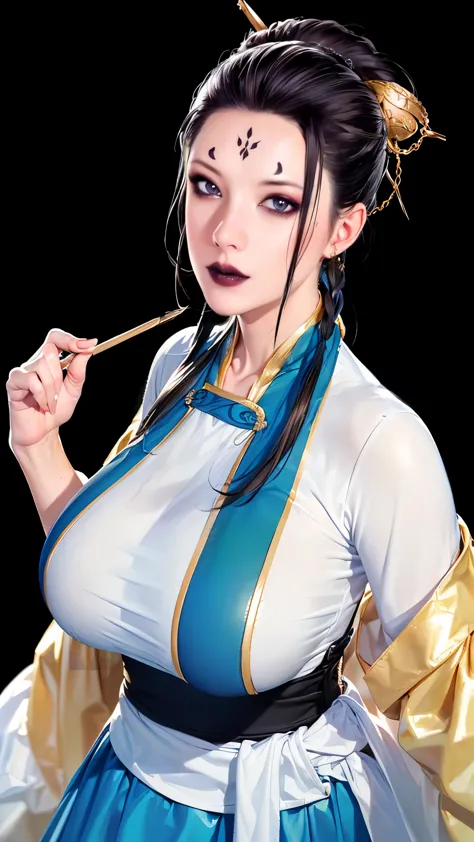 (（（figure，御姐figure,white and tender skin,(((hanfu,blue and gold hanfu))),(((black hair,hair ornament,hair stick,makeup,forehead ...