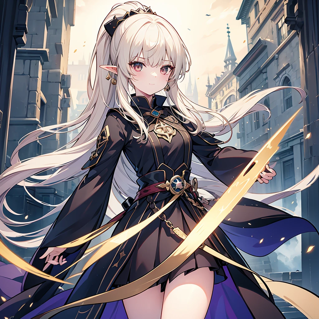 Eye patch、Witch costume、elf、grimoire、magic circle、Long Hair, chest, Blonde, ponytail, Pointy Ears, best quality, Snap your fingers、One Woman, Detailed face, Soft Lighting, Soft Light, Soft Focus, Perfect Face, Beautiful and accurate anatomy, Expose too much, 8k, 4K, (High resolution:1.1), Best Quality, (masterpiece:1.3), One girl, alone, jewelry, brown eyesSee viewers, Earrings on only one ear、Beautiful woman、Medieval streetscape、Shining magic circle、Black clothes、A fearless smile、Intimidating look、Deep slit、宙に浮いている刃が大きい剣、Simple Sword、Double-edged straight sword、柄を持っている