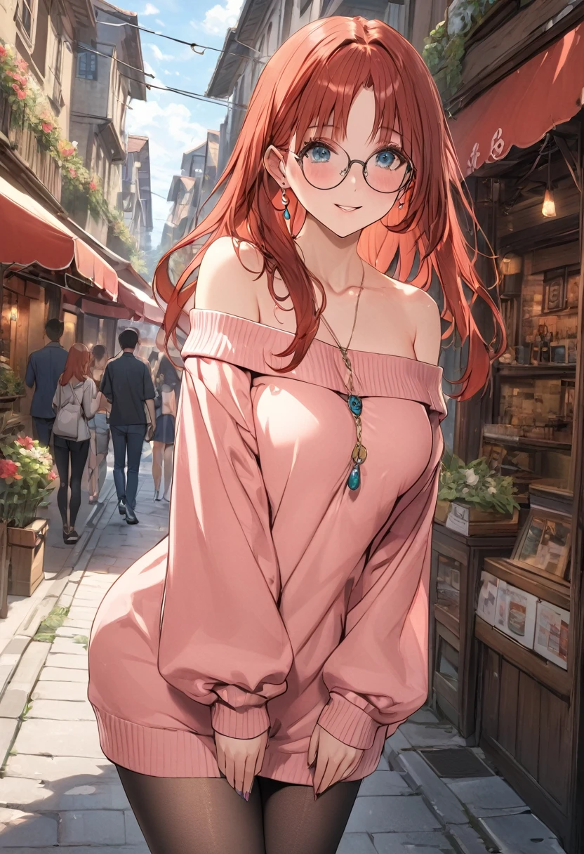 1 women, BREAK bare shoulders, collarbone, dress, long sleeves, off shoulder, off-shoulder dress, off-shoulder sweater, pantyhose, red sweater, sweater, sweater dress, thighs, long legs, big , skinny legs, anime cover, full body, nilou, niloudress, frilled, street, best quality, masterpiece), 1women ,4k, 8k, uhd, hdr, detailed background,mature female, wearing round glasses