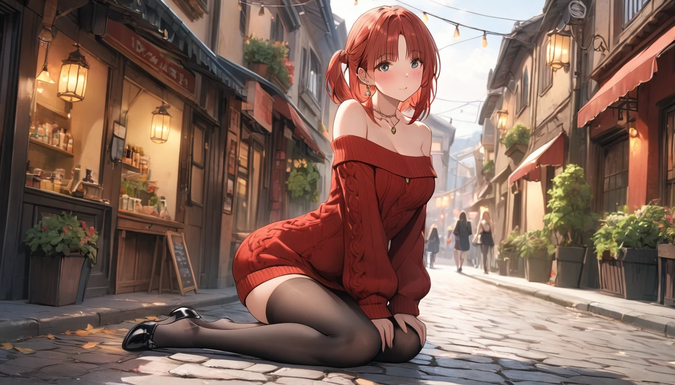 1 women, BREAK bare shoulders, collarbone, dress, long sleeves, off shoulder, off-shoulder dress, off-shoulder sweater, pantyhose, red sweater, sweater, sweater dress, thighs, long legs, big , skinny legs, anime cover, full body, nilou, niloudress, frilled, street, best quality, masterpiece), 1women ,4k, 8k, uhd, hdr, detailed background,mature female,