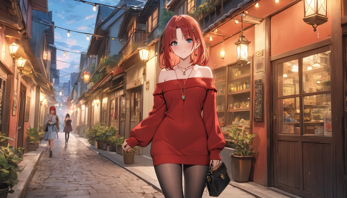 1 women, BREAK bare shoulders, collarbone, dress, long sleeves, off shoulder, off-shoulder dress, off-shoulder sweater, pantyhose, red sweater, sweater, sweater dress, thighs, long legs, big , skinny legs, anime cover, full body, nilou, niloudress, frilled, street, best quality, masterpiece), 1women ,4k, 8k, uhd, hdr, detailed background,mature female,