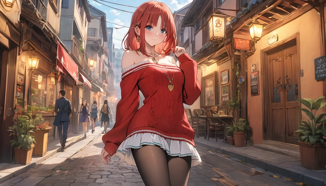 1 women, BREAK bare shoulders, collarbone, dress, long sleeves, off shoulder, off-shoulder dress, off-shoulder sweater, pantyhose, red sweater, sweater, sweater dress, thighs, long legs, big , skinny legs, anime cover, full body, nilou, niloudress, frilled, street, best quality, masterpiece), 1women ,4k, 8k, uhd, hdr, detailed background,mature female,