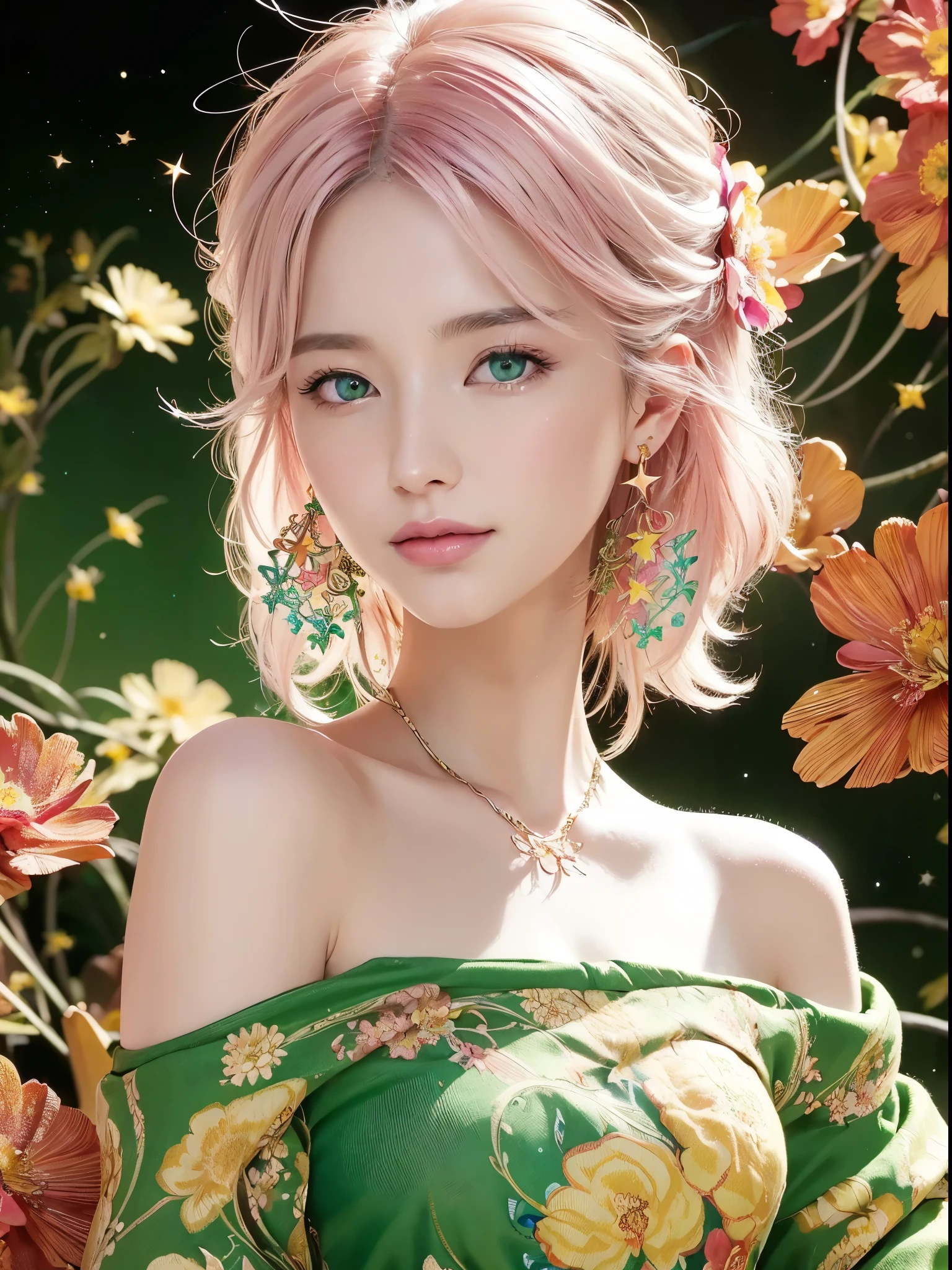 (​masterpiece, Best Quality, Best Quality, official art, Beautiful and beautiful:1.2), green eyes, (Best Quality, masterpiece painting:1.3), Immature woman, , (half body shot), masterpiece, Ultra-high resolution, (((There are many stars at night, ))), decorative panel, abstract art, (side shot), (Realistic:1.0), ((light pink hair)),Straight Hair, beautiful shiny hair, 白くglowing skin, picturesque, sketch, texture, Super A High Resolution, alone, beautiful woman, Very detailed, (fractal art:1.1), (Rich colors:1.1), (Floral:1.6), Most detailed, (Tangled:1.2), (dynamic poses), (Abstract Background:1.3), (glowing skin), (many colors:0.8), (earrings:1.4), (feather:0.9), final fantasy
