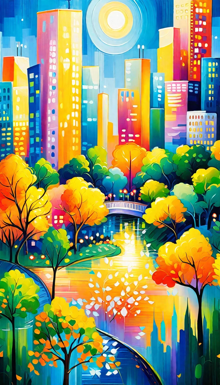 painting of a cityscape with a river and trees in the foreground, colorful city, colorful trees, day cityscape, spring season city, city of pristine colors, city scape, forest setting with skyscrapers, beautiful cityscape, city landscape, city lights made of lush trees, whimsical forest, beautiful city, lush tress made of city lights, magical city, city twilight landscape