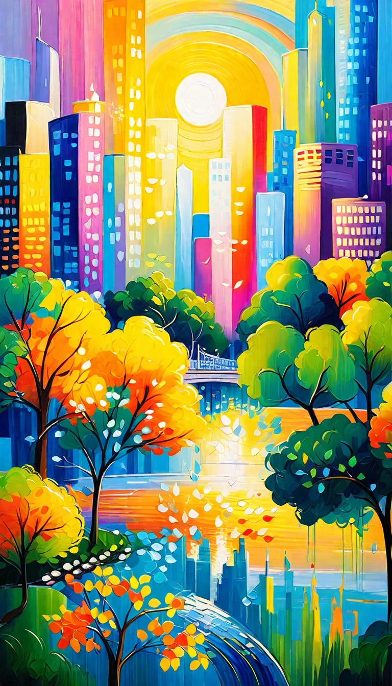 painting of a cityscape with a river and trees in the foreground, colorful city, colorful trees, day cityscape, spring season city, city of pristine colors, city scape, forest setting with skyscrapers, beautiful cityscape, city landscape, city lights made of lush trees, whimsical forest, beautiful city, lush tress made of city lights, magical city, city twilight landscape