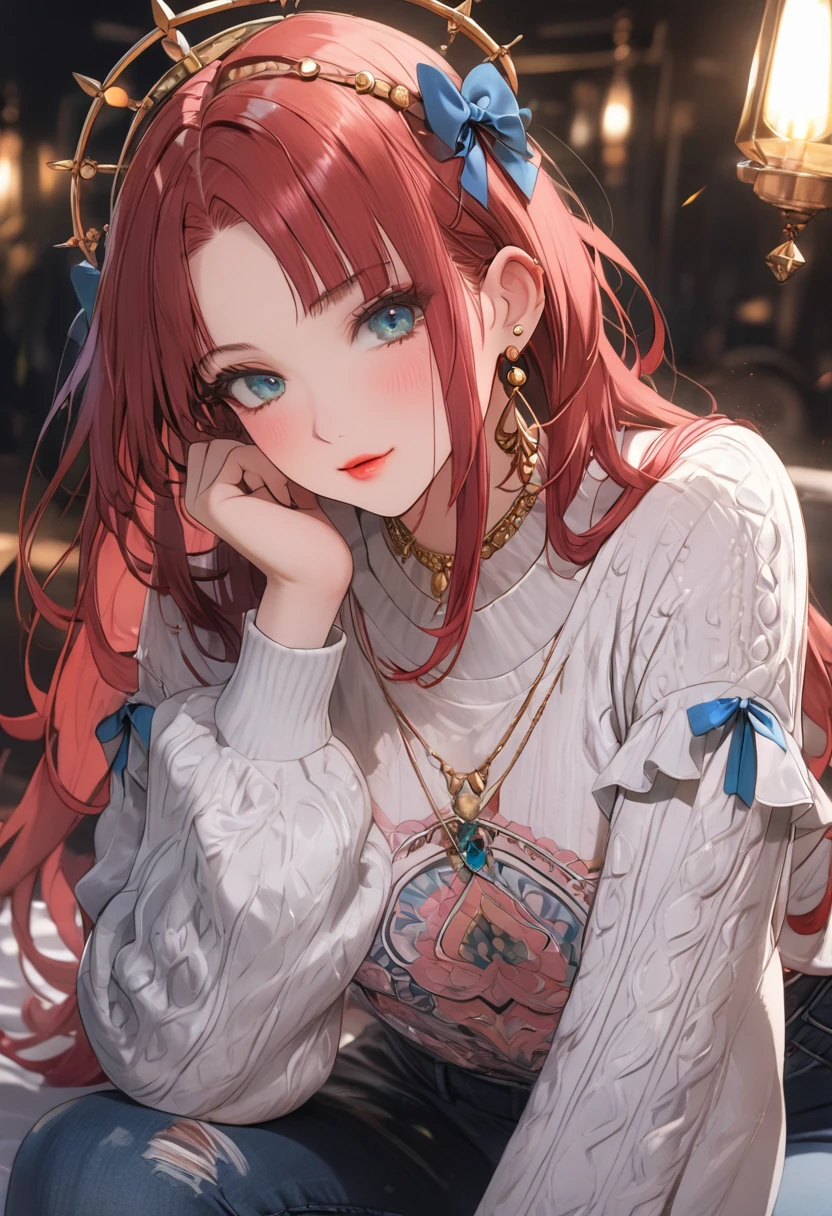 A stylish oversized sweater with a graphic design, skinny jeans, fashionable boots, beautiful detailed face, beautiful detailed eyes, beautiful detailed lips, highly detailed,8k, highres, masterpiece, ultra-detailed, studio lighting, vivid colors, fashion, trending, stylish, elegant, cinematic lighting,full body, nilou, niloudress, frilled
