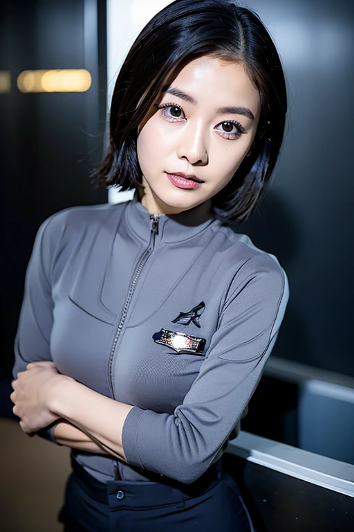 High image quality、detailed、Secret Underground Base、Dimly lit room、Woman guarding、20 years old、Team Members、Beautiful body、Beautiful Face、Black Eyes、Black short hair、thin、Ash grey bodysuit、skirt、Security guard uniform、Accentuate your breasts