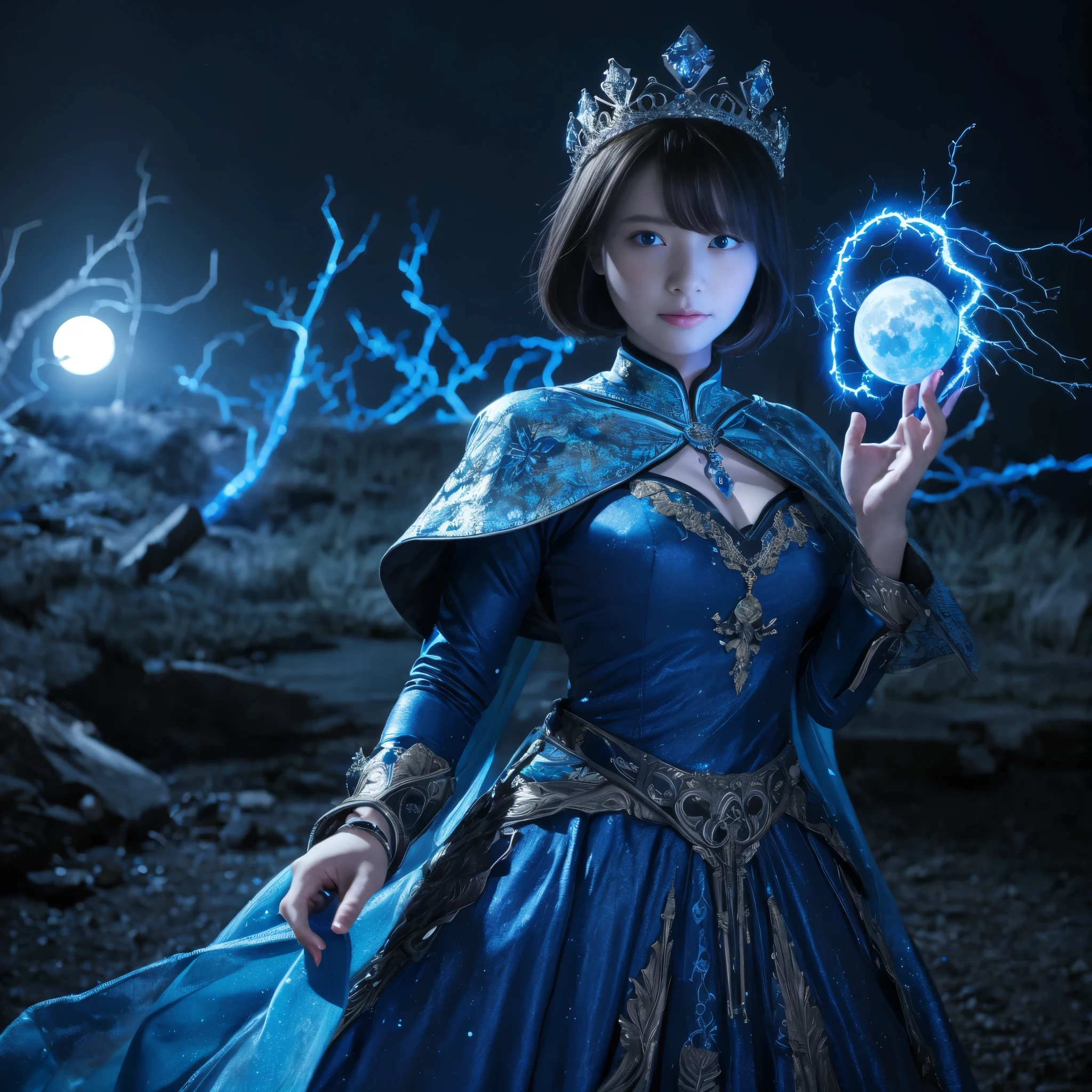 night, ((1 female)), alone, masterpiece, 8K wallpaper, High resolution, absurdres, high quality background, short hair, black hair, multi color hair, beautiful frozen village, (full moon), blue dress, detailed clothing, jewelry dress, (magic】:1.2), blue fire, blue eyes, glowing eyes, fire, Ice Goddess, (Beautiful blue crown), electricity, blue electricity, blue light particles