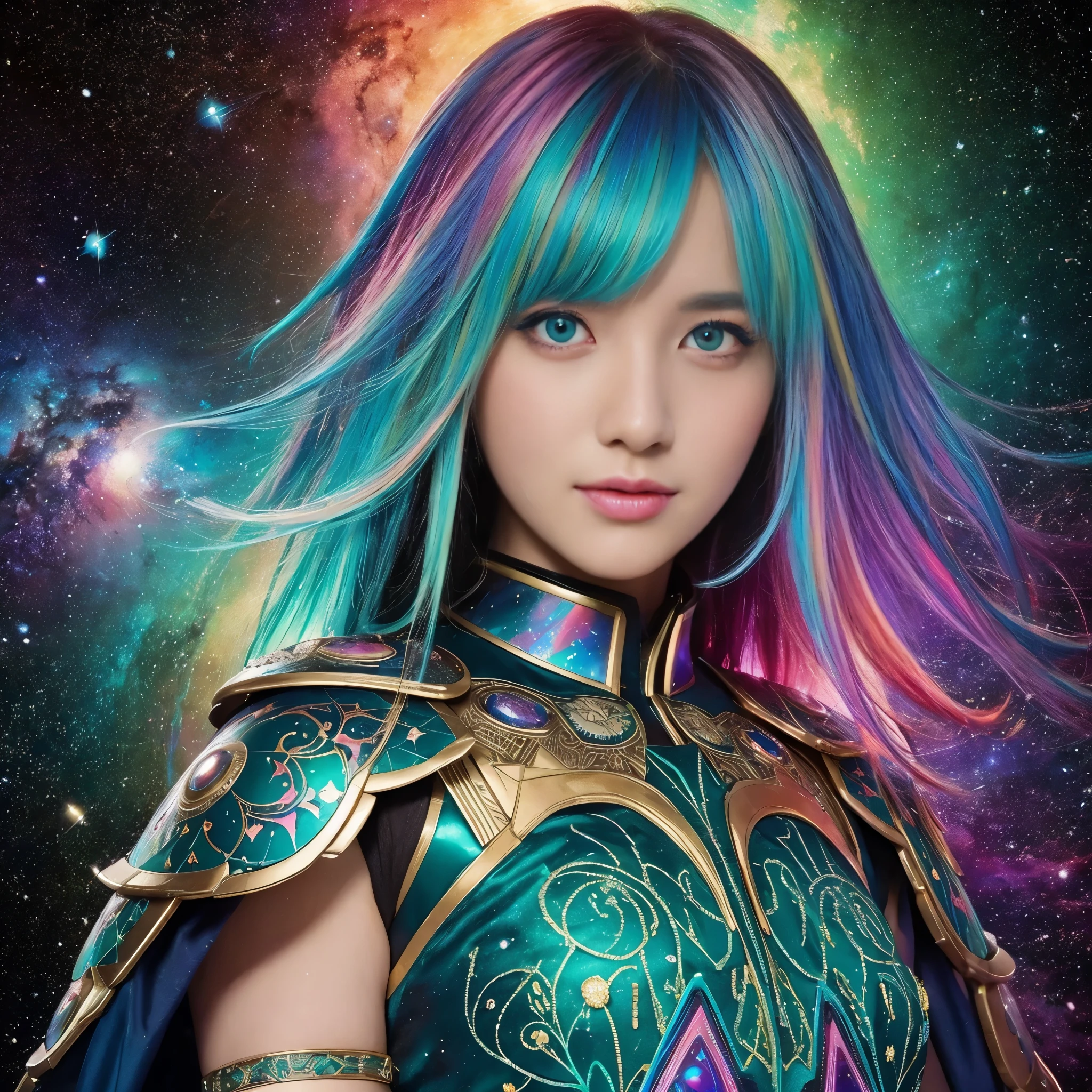 A girl with rainbow colored hair and elaborate teal dress armor, Standing, Rainbow colored cosmic nebula background, Star, galaxy, intricate details, Perfect face