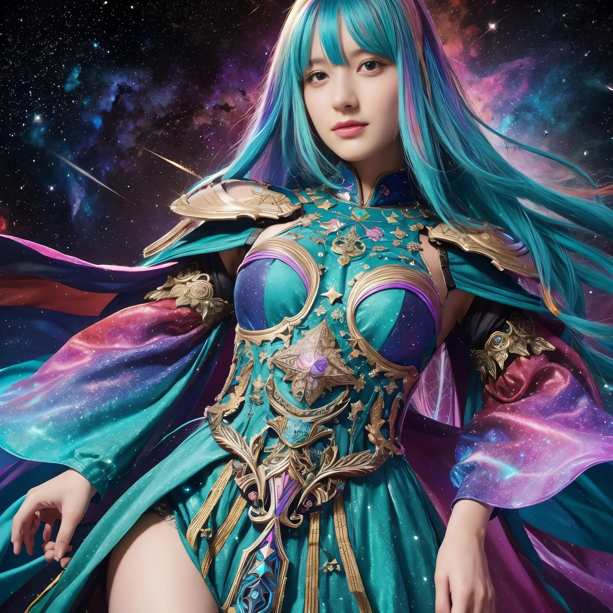 A girl with rainbow colored hair and elaborate teal dress armor, Standing, Rainbow colored cosmic nebula background, Star, galaxy, intricate details, Perfect face