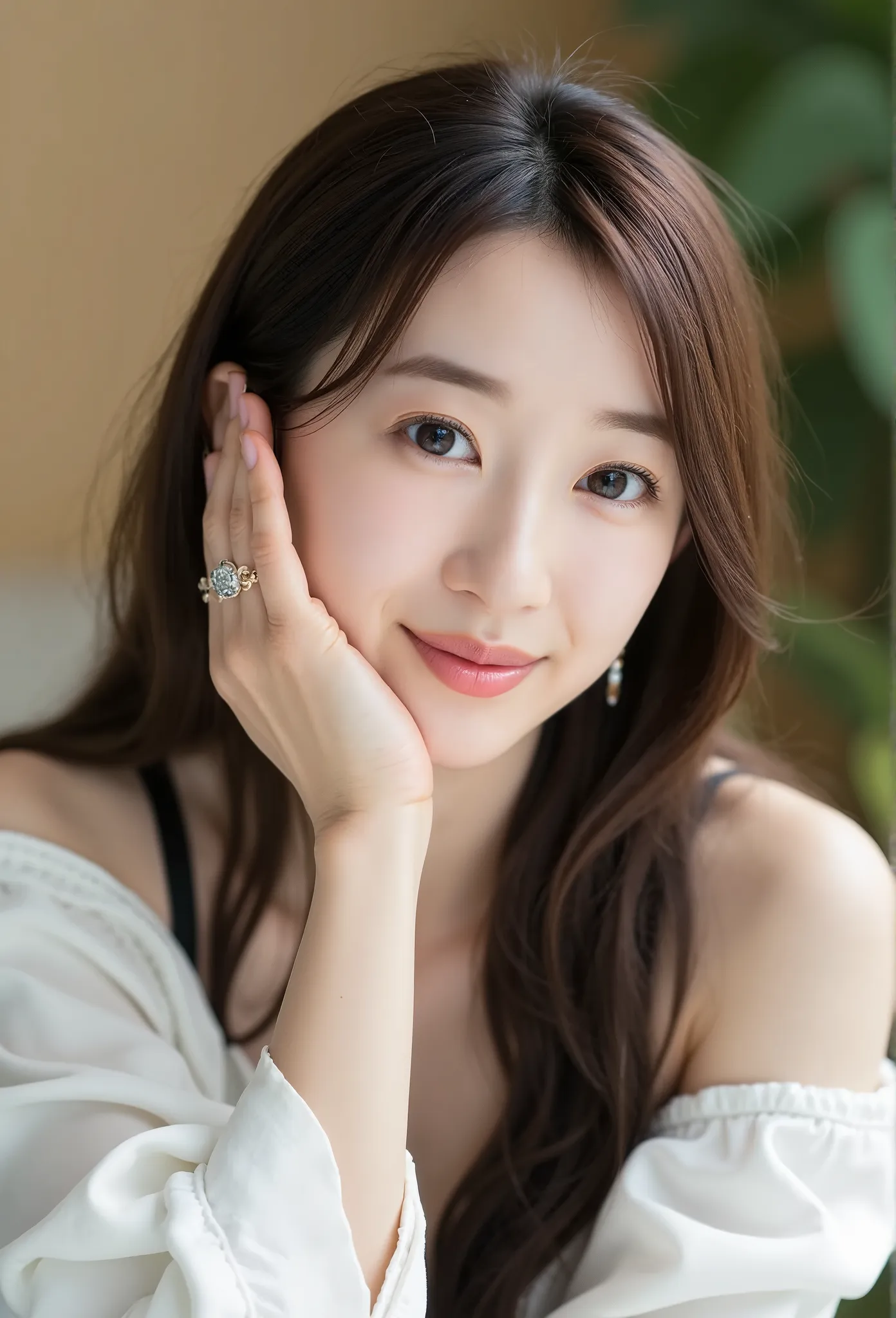 a photo of a young korean woman with flawless, glowing skin and a soft smile, giving off a warm and friendly vibe. her long, str...