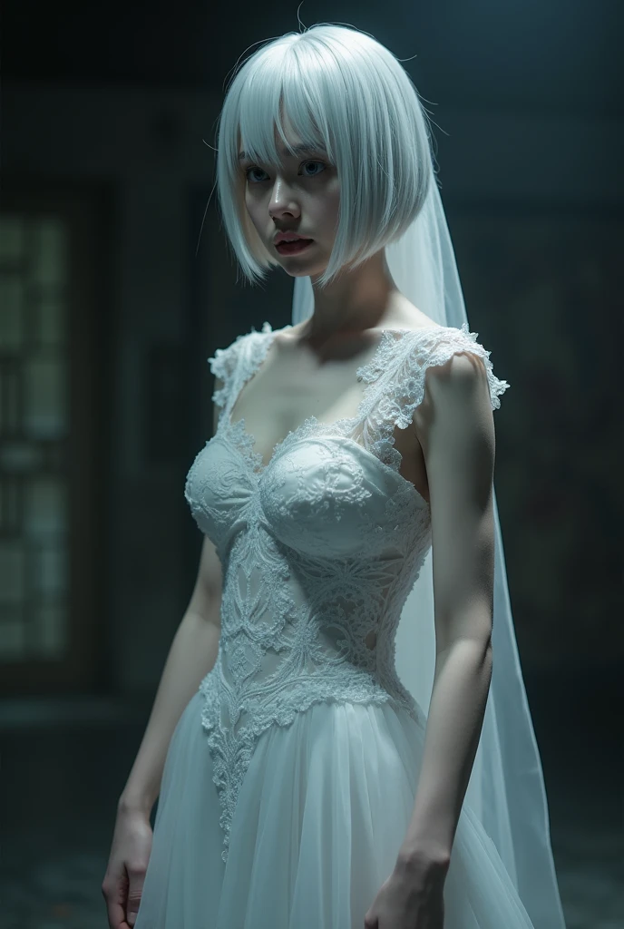 1 woman, solo, yorha_no._2_type_b, short white hair, mole under mouth, wedding dress, standing, facing the viewer, face full of fear, in pain, wide angle full body shot, detailed realistic rendering, dramatic lighting, cinematic composition, highly detailed, photorealistic, high contrast, moody, dark, cold colors