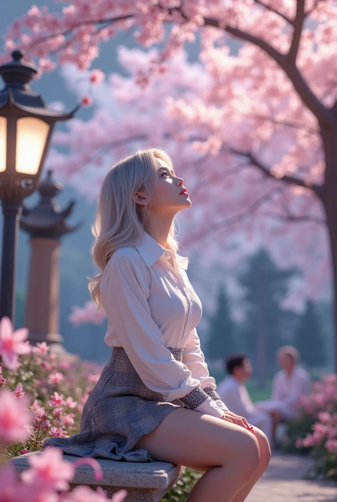 Night time,Dark, young woman, gray plaid wavy skirt, pink brush , 8K, Park, white shirt, wolf hair, Doble layer hair, first layer are white, second layer are black, Looking up to see the cherry blossoms, pale solid colour background, cuff, up right pose, static pose, center composition, Sit on the estetic bench,estetic Garden lamp, Flowers, pets, others people,smile