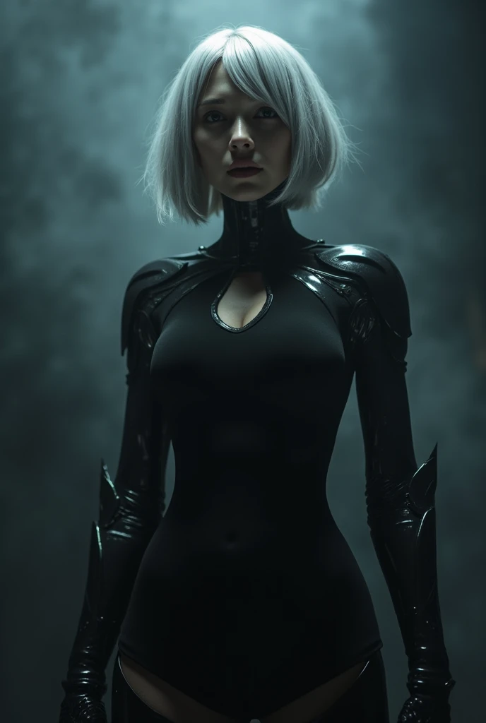 1 woman, solo, yorha_no._2_type_b, short white hair, mole under mouth, black dress, standing, facing the viewer, face full of fear, in pain, wide angle full body shot, detailed realistic rendering, dramatic lighting, cinematic composition, highly detailed, photorealistic, high contrast, moody, dark, cold colors