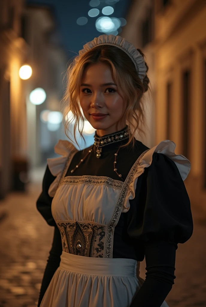 masterpiece, highest quality, 8k high quality photo, cinematic lighting, deep shadow, 1girl, wearing maid dress, gorgeous face, fearless smile, smooth soft parl skin, light-blown medium wavy hair, looking into camera, (standing on european street), model posing, front view,((cowboy shot)), (maid costum:1.2), at late night, ((night:1.5))