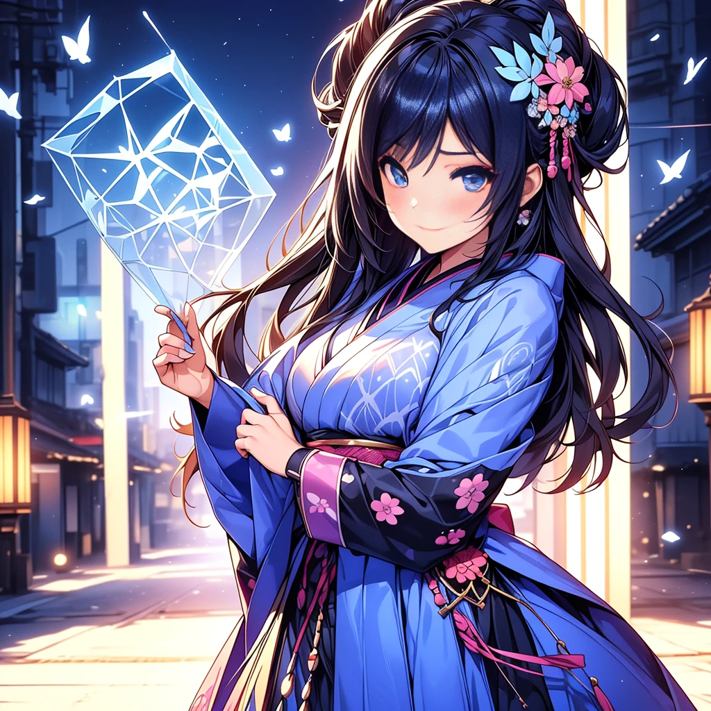 1girl,Handsome face、(((最high quality、Masterpiece、Super detailed、The best composition、High definition、)))、high quality、Vibrant colors、High image quality、(Girl with makeup:1.37) 、Wearing a Gothic Kimono, Neon blue and white women&#39;s collection, Cute cartoon design, Sky blue and bright yellow
，Geometric background，Sticker Style,
 , Attention to detail, High resolution，An unprecedented amount of drawing、(Nikki Style Kawaii Style:1.5),Three-dimensional、paper_cut、