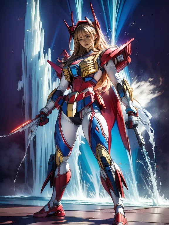 Full Body Shot, Very detailed, The costume colors were inspired by Gundam.、8k, Actual Photos, impressive lighting, Dynamic action poses, Great energy effect, White and sky blue color palette, Simple costume design, advanced technology, Heroic and powerful, With a large waterfall in the background、standing。