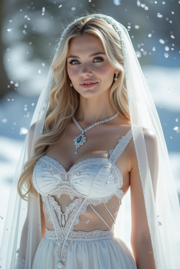 perfect figure beautiful young woman, smile, cleavage, huge breast Layered Hair Style, (Cleric:1.5), Jewelry Decoration, veil, Highly Detailed Face and Skin Textur, double-edged eyelid, long hair, (background snow plains), diamond dust,