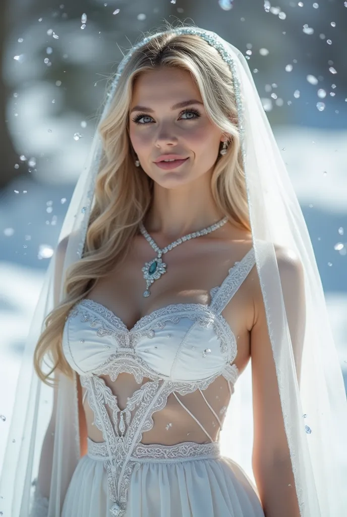 perfect figure beautiful young woman, smile, cleavage, huge breast layered hair style, (cleric:1.5), jewelry decoration, veil, h...