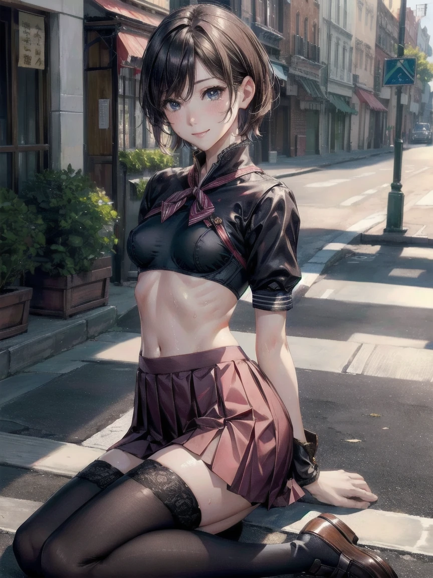 最high quality, masterpiece, High resolution, Realistic, RAW Photos, 8K wallpaper, perfection, Thin arms、Very small waist、Beautiful Style、美しいThighs、Curved waist、((Very small breasts:1.5))、Shapely and soft breasts:1.2、Beautiful ass、Beautiful Eyes、Natural Skin、Ultra-fine Face、Ultra-realistic、(8k), (最high quality: 1.2), (Realistic), (Realistic: 1.37), 超High resolution, cute, smile, Mouth closed, Beautiful details, Beautiful Nose, Brown short hair, Short,Giant Dulcefo, Thighs，Self Snap,Sailor suit,,Pleated skirt,(Sitting:1), Sit on the ground,(Hold my feet:1),(Black knee-high socks),from the front,knees、Very detailed, high quality, 最high quality, High resolution、Sweaty skin、smile、