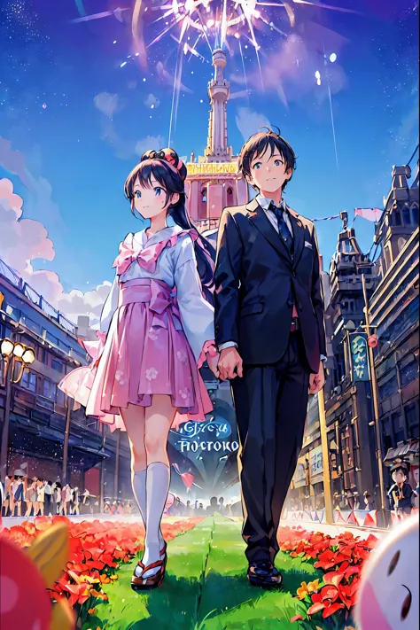 ((in the middle of the crowd at tokyo disneyland(((from age 7))):1.3)),young couple, full of excitement and tension, walk throug...