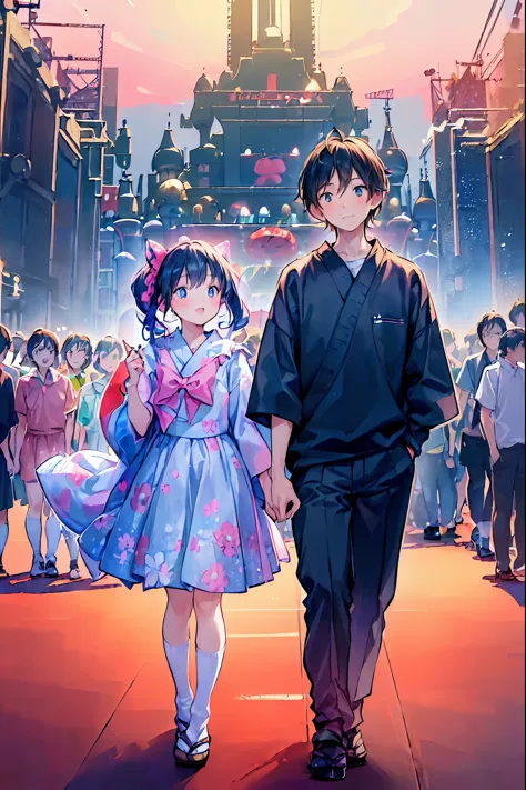 ((in the middle of the crowd at tokyo disneyland(((from age 7))):1.3)),young couple, full of excitement and tension, walk throug...