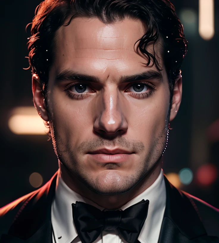 RAW face closeup portrait of henry cavill person wearing a tuxedo, professional photography, in blade runner, high resolution, 4k, 50mm, vaporwave, photo by Brooke Shaden, close portrait